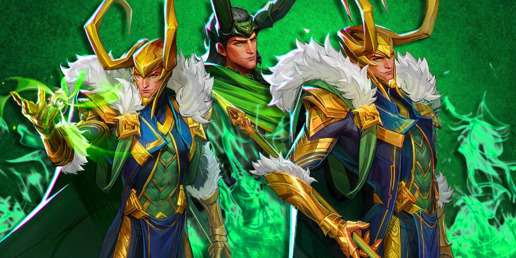 Three Lokis from Marvel Rivals standing next to each other with green fire around them.