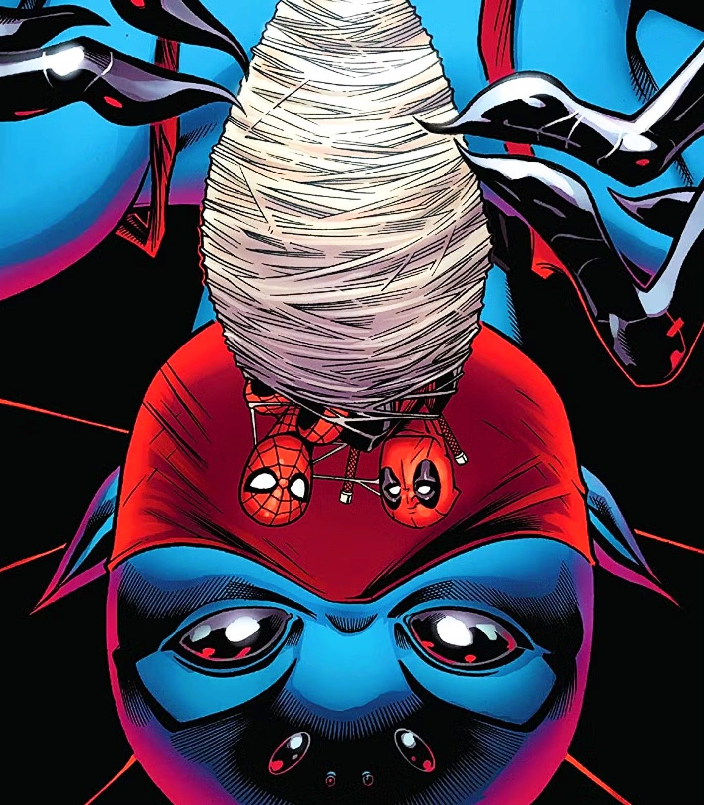 Marvel villain Itsy Bitsy with Spider-Man and Deadpool caught in a web