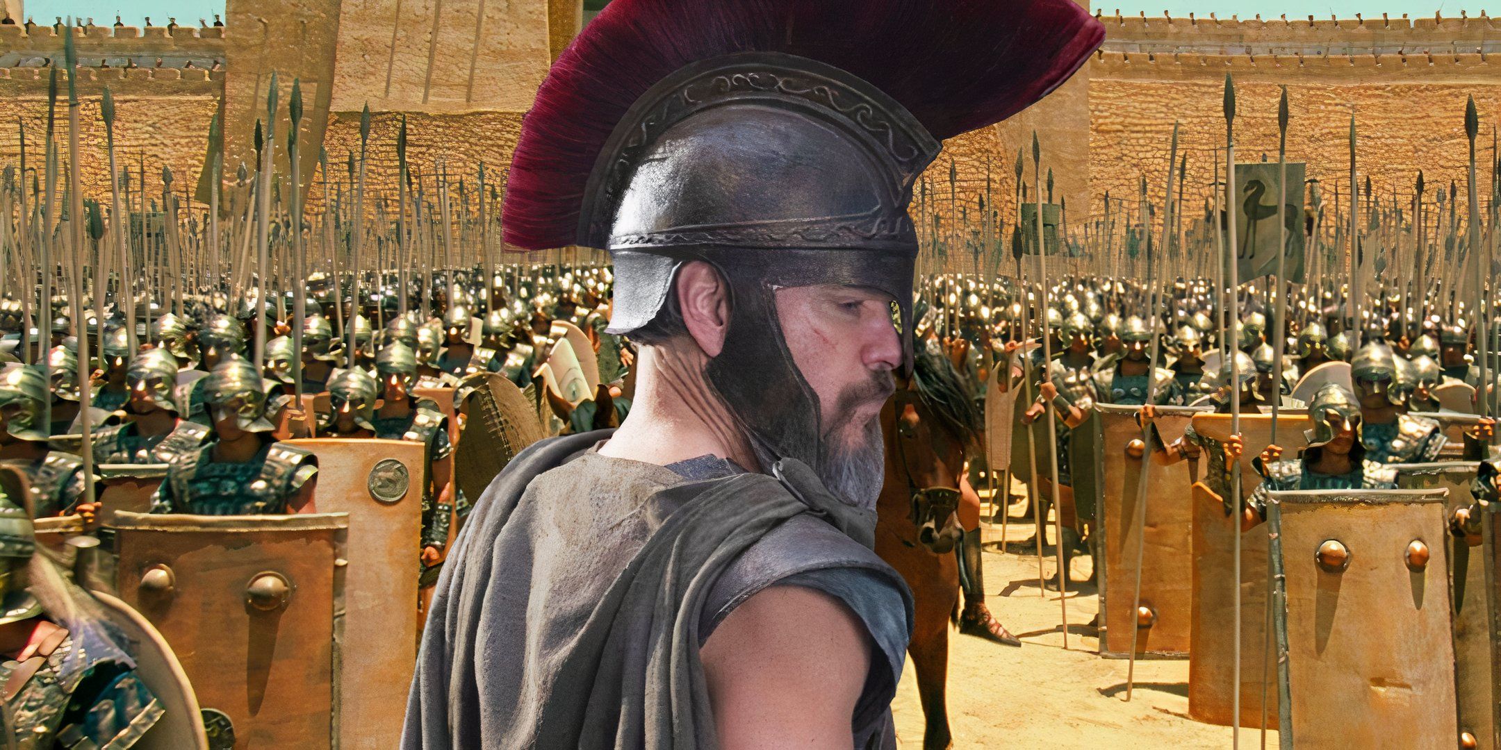 Matt Damon looking over his shoulder in The Odyssey juxtaposed with an army in Troy