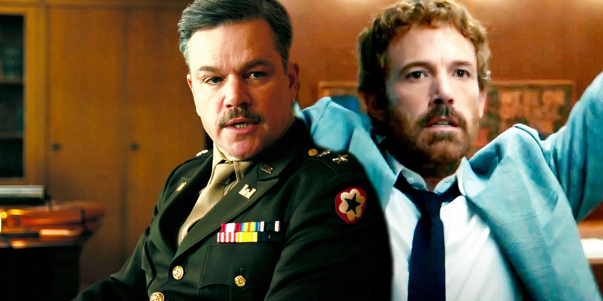 Matt Damon speaking in a meeting in Oppenheimer and Ben Affleck with his arms up in Air