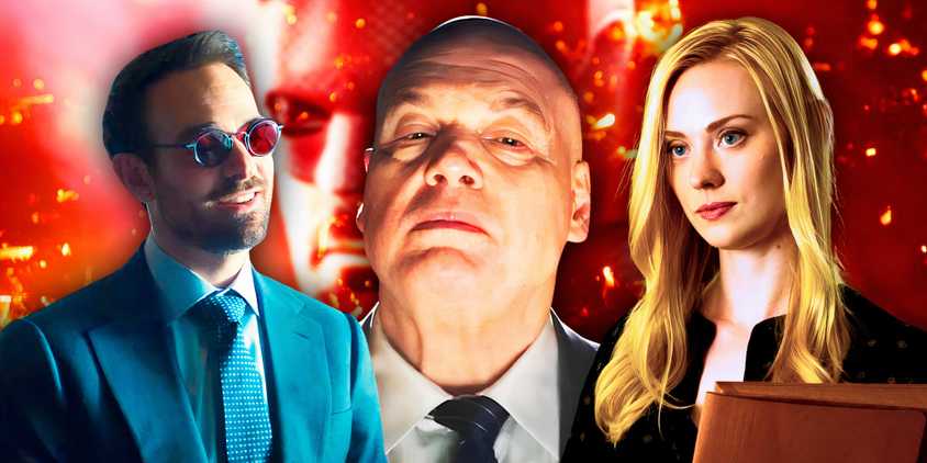 Collage of Matt Murdock, Kingpin, and Karen Page in Daredevil: Born Again