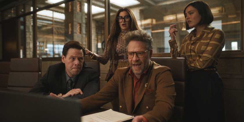Matt talking as Sal, Maya and Quinn surround him looking concerned in The Studio