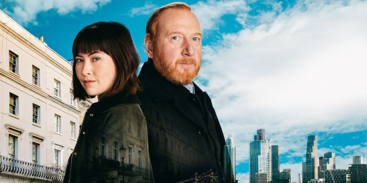 Max Arnold (Adrian Scarborough) and Layla Walsh (Vanessa Emme) standing back to back in The Chelsea Detective.