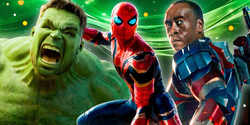 MCU's Spider-Man, Hulk and Rhodey with a green background