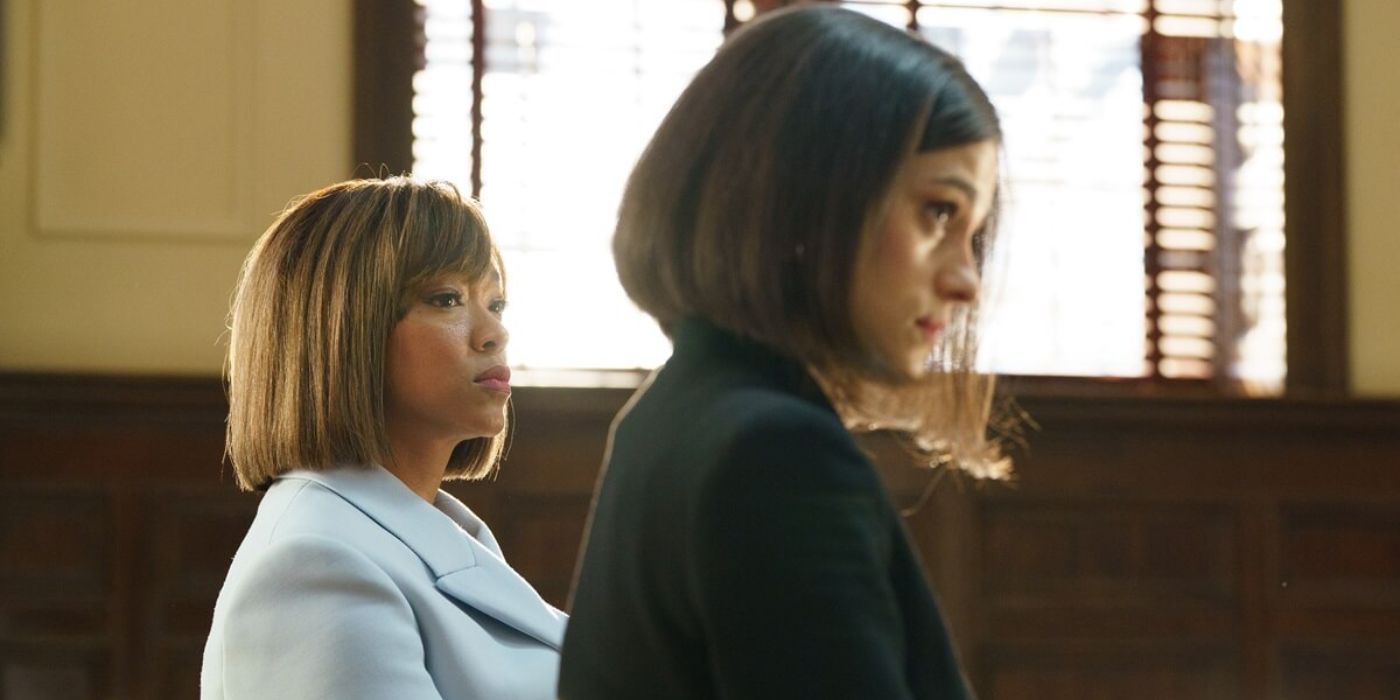 Megan (Sonequa Martin-Green) and Peggy (Rebecca Liddiard) sitting in court together in Accused season 2, episode 8.
