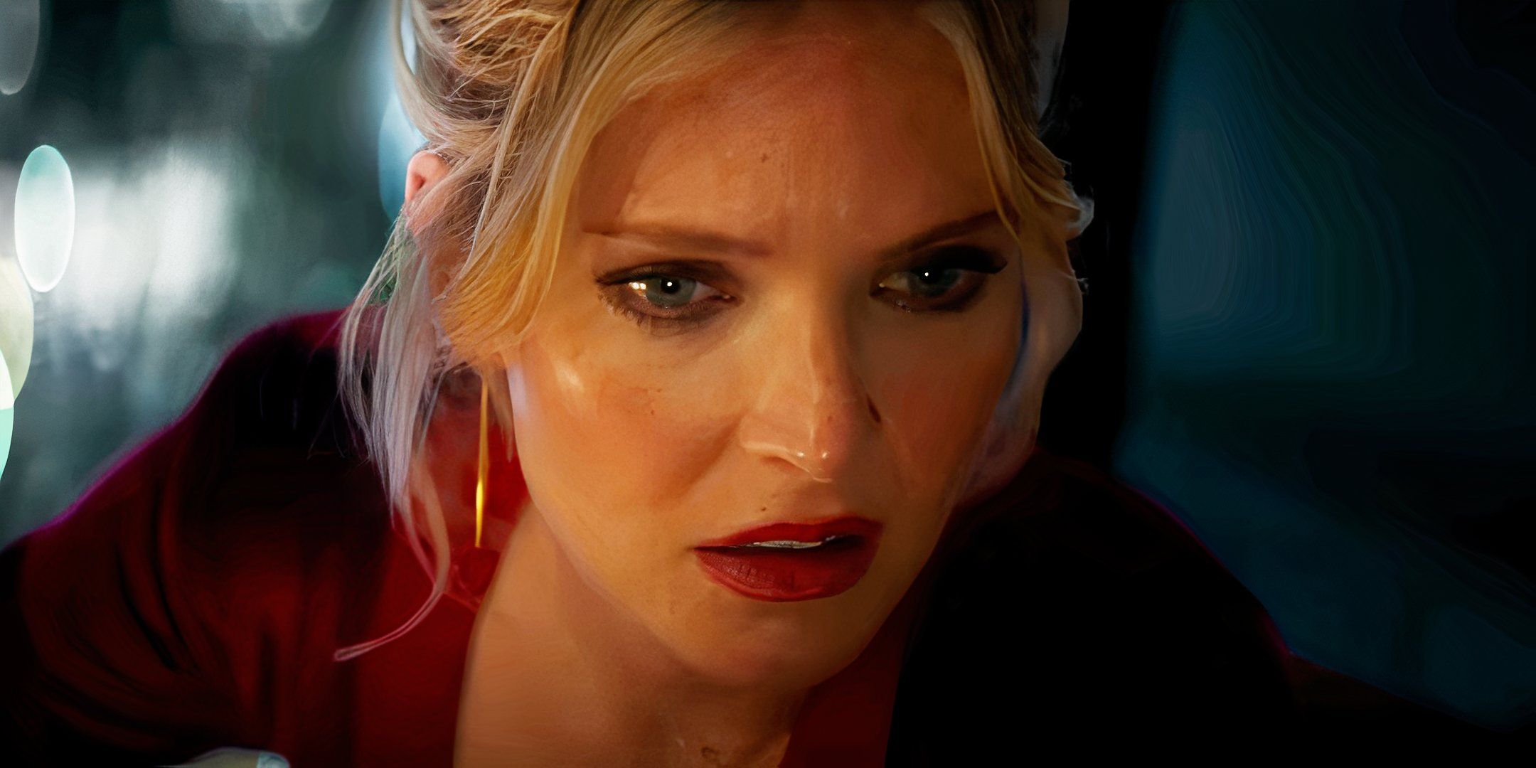 Close-up of Meghann Fahy looking worried as Violet in Drop