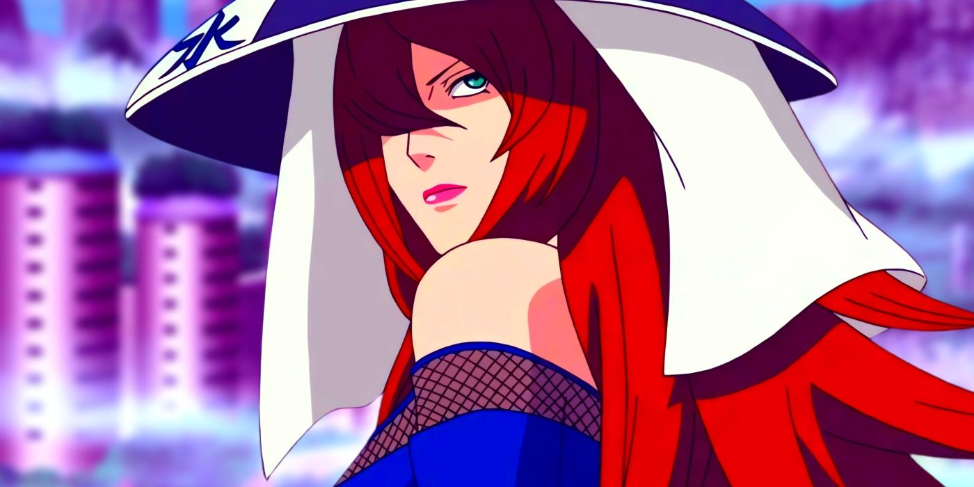 Mei Terumi as seen in the Naruto series wearing the Mizukage hat. Behind her, the Hidden Mist Village can be seen.