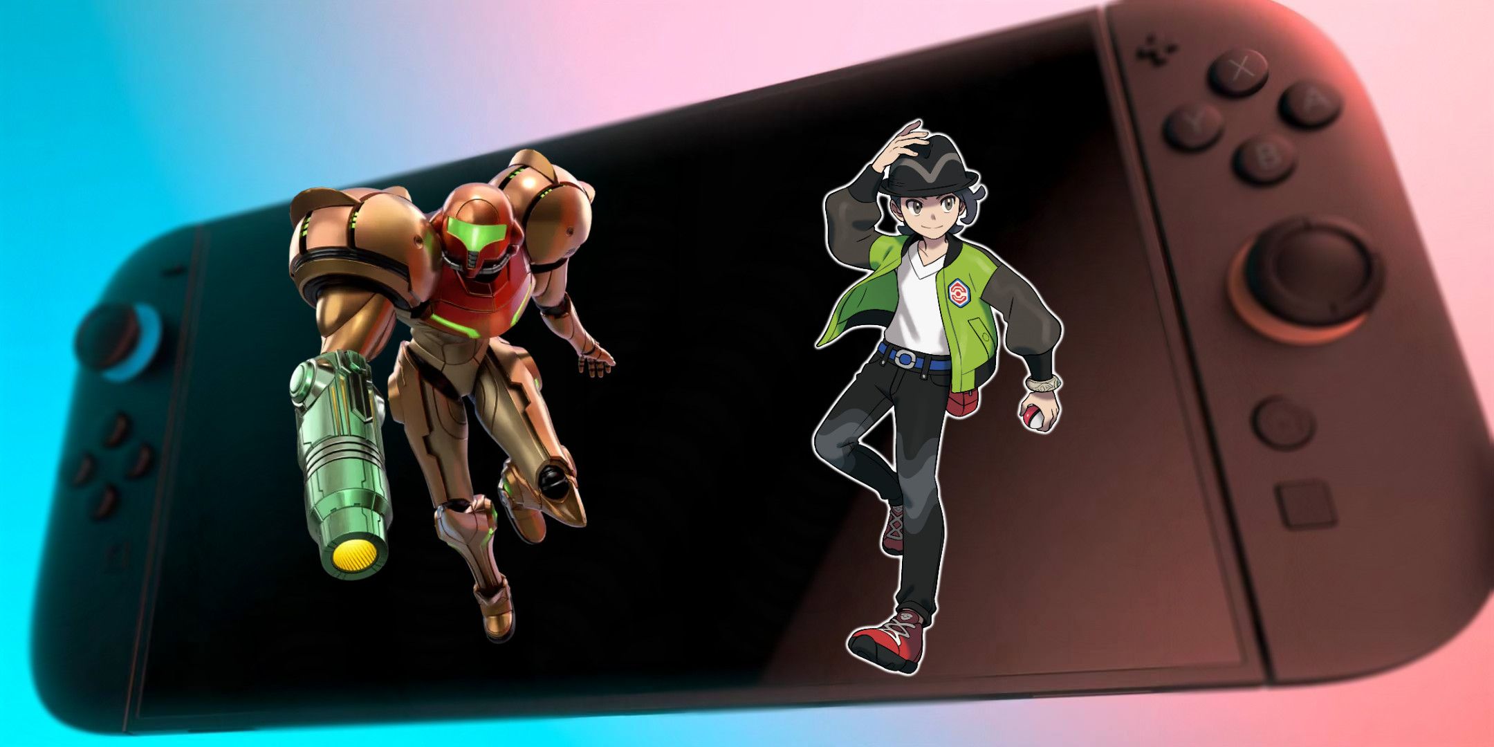 Samus and the male protagonist of Pokémon Legends: Z-A, with a Switch 2 in the background.