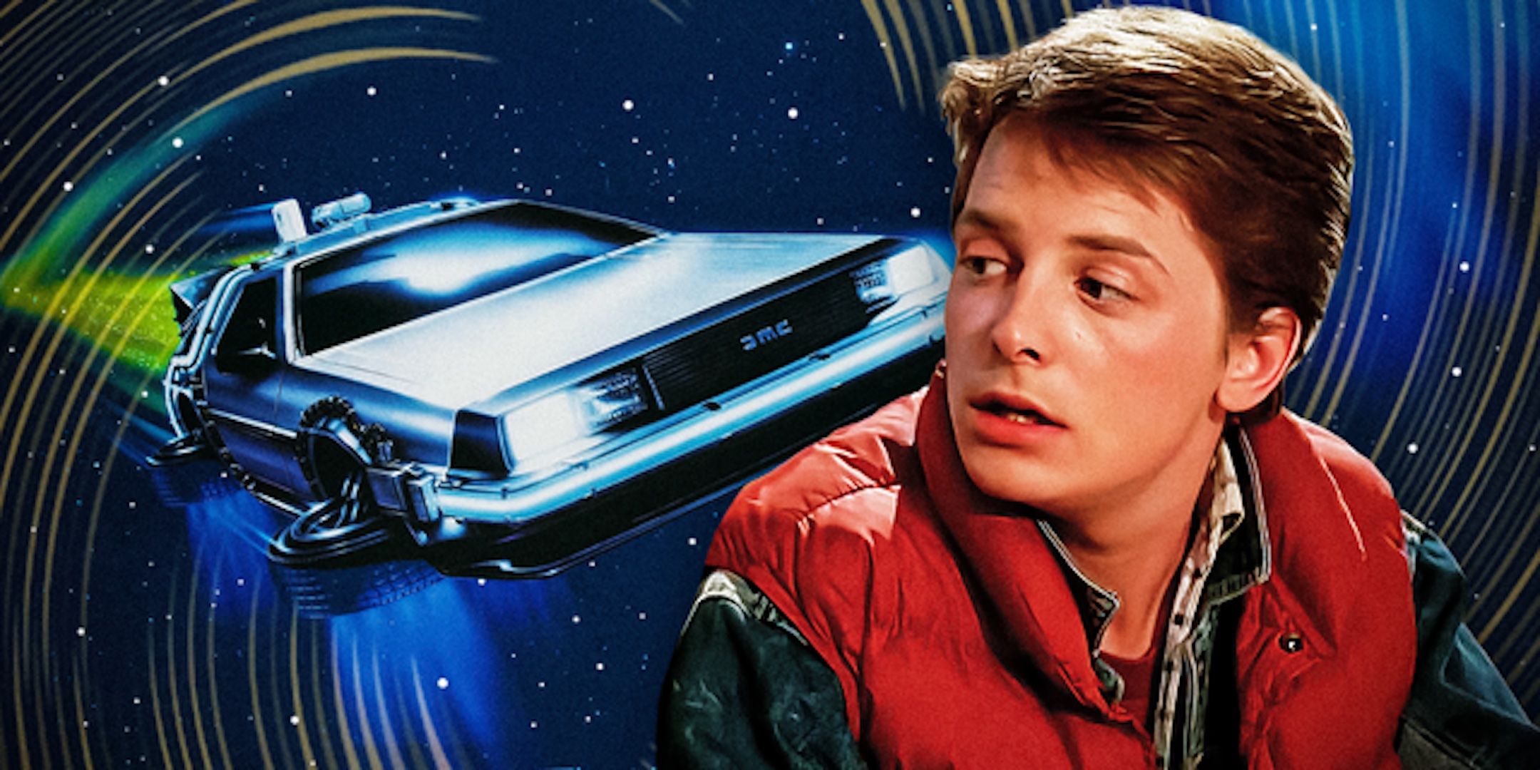 Michael J Fox's Marty McFly beside a drawing of Back to the Future's DeLorean in space