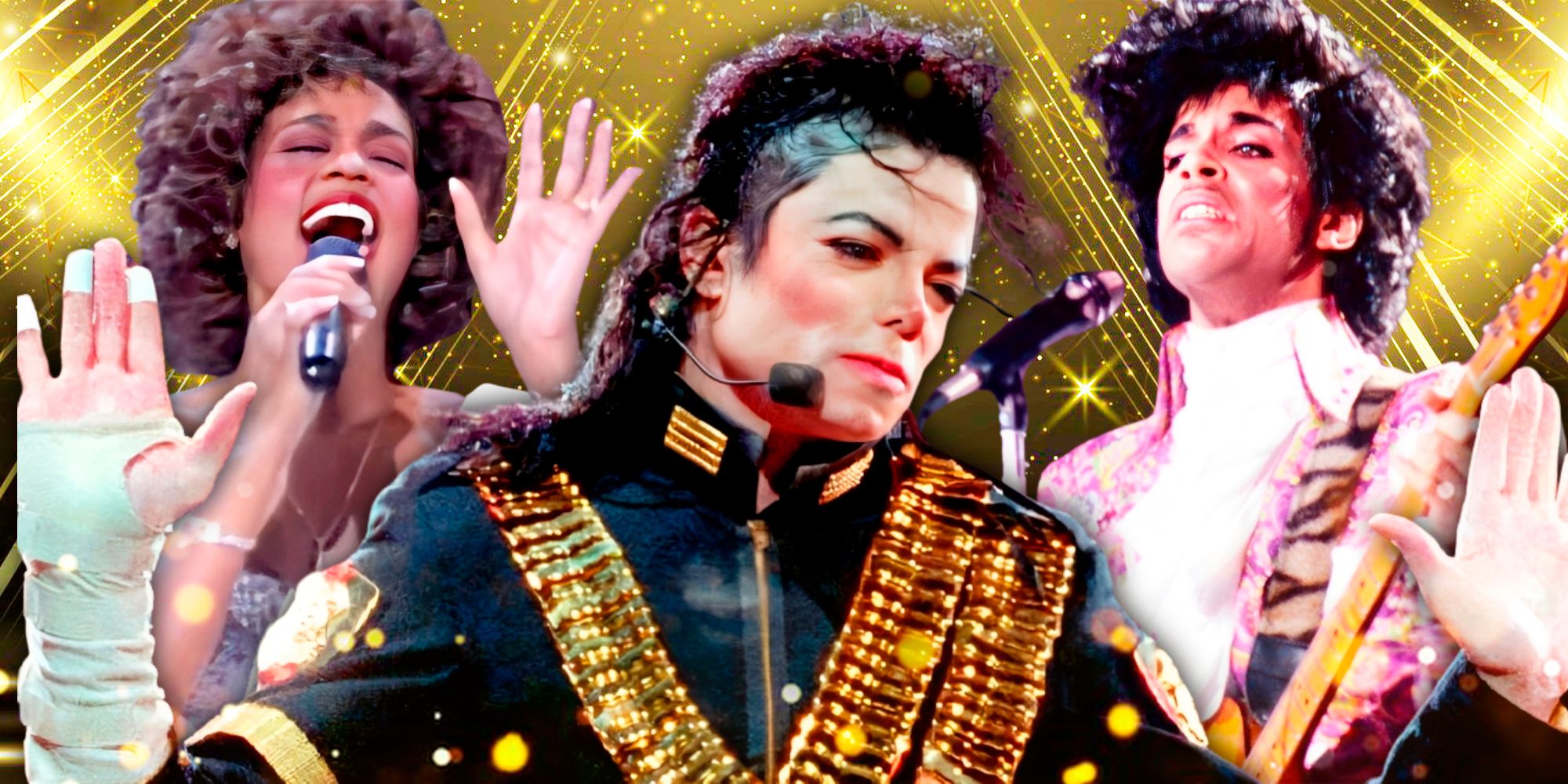 Michael Jackson on his Dangerous World Tour, Prince for Purple Rain, and Whitney Houston singing live all edited together.