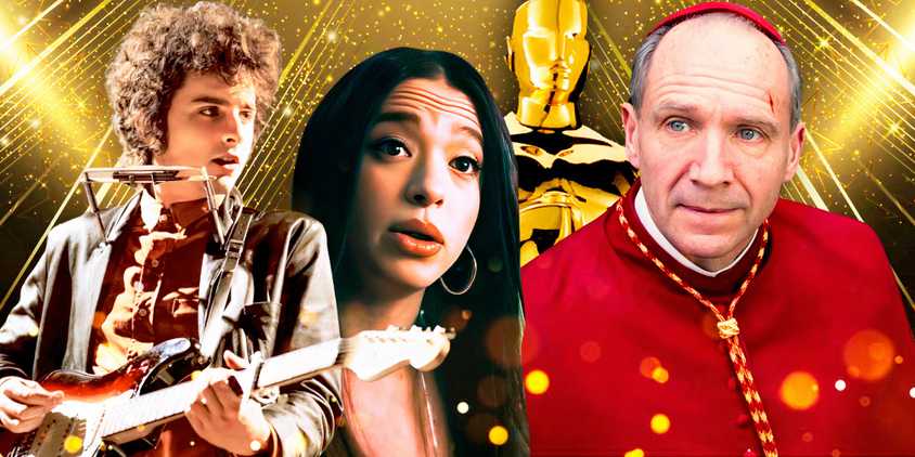 Mikey Madison from Anora, Ralph Fiennes from Conclave, and Timothée Chalamet from A Complete Unknown, with Oscars imagery in background