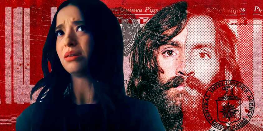 Mikey Madison next to Netflix Charles Manson doc poster