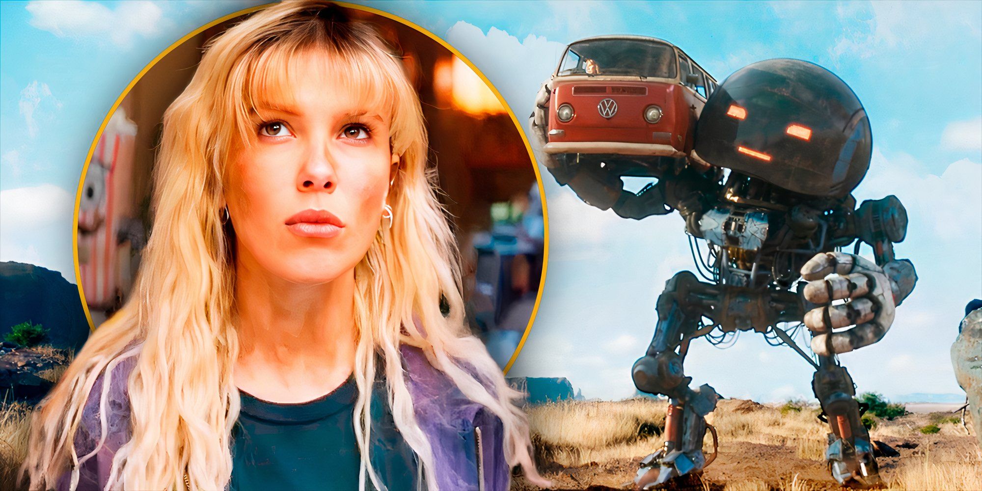 An edited image of Millie Bobby Brown looking up in The Electric State and Herman carrying a van.
