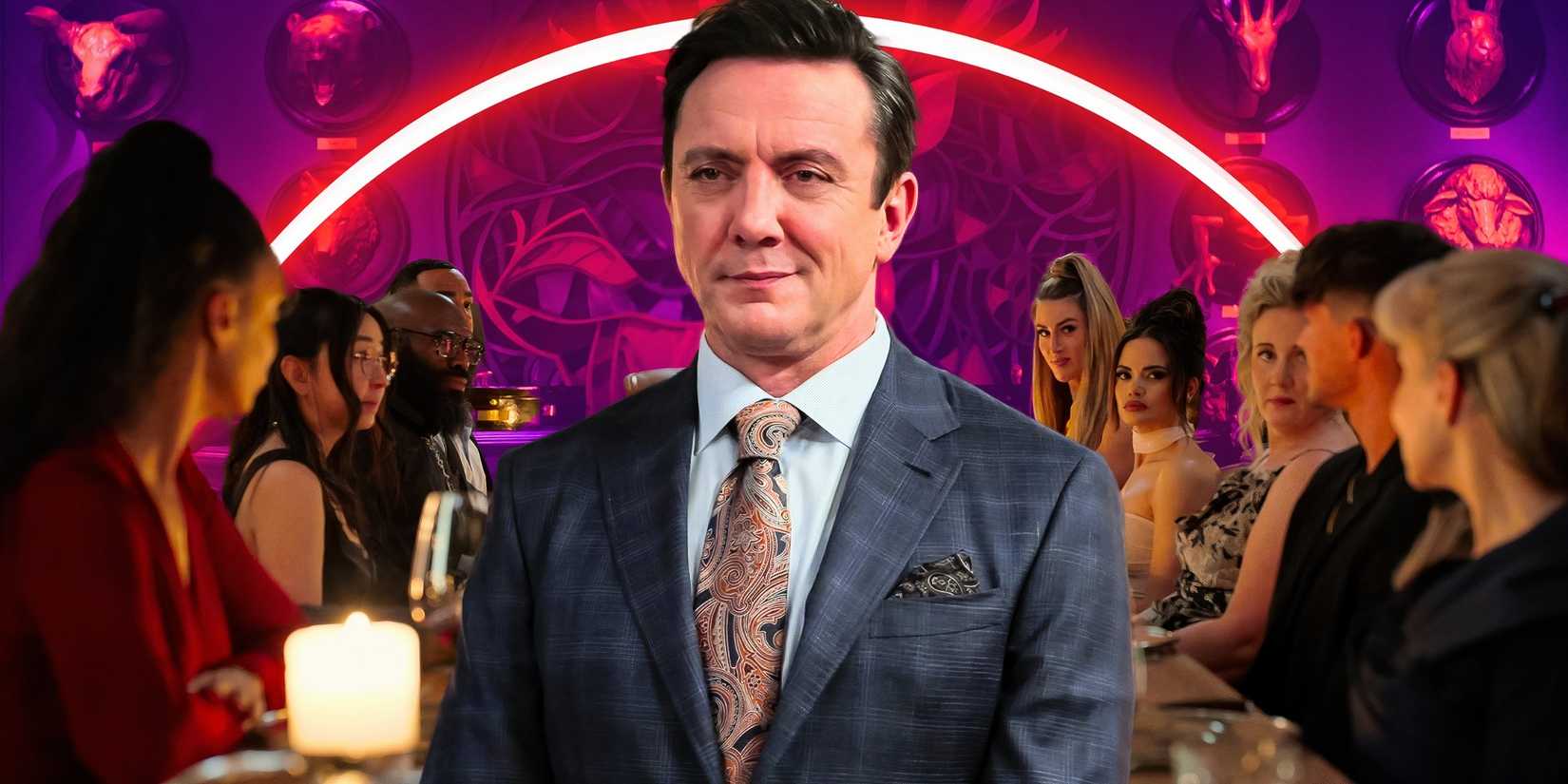 million dollar secret montage with host surrounded by cast members in dinner party montage