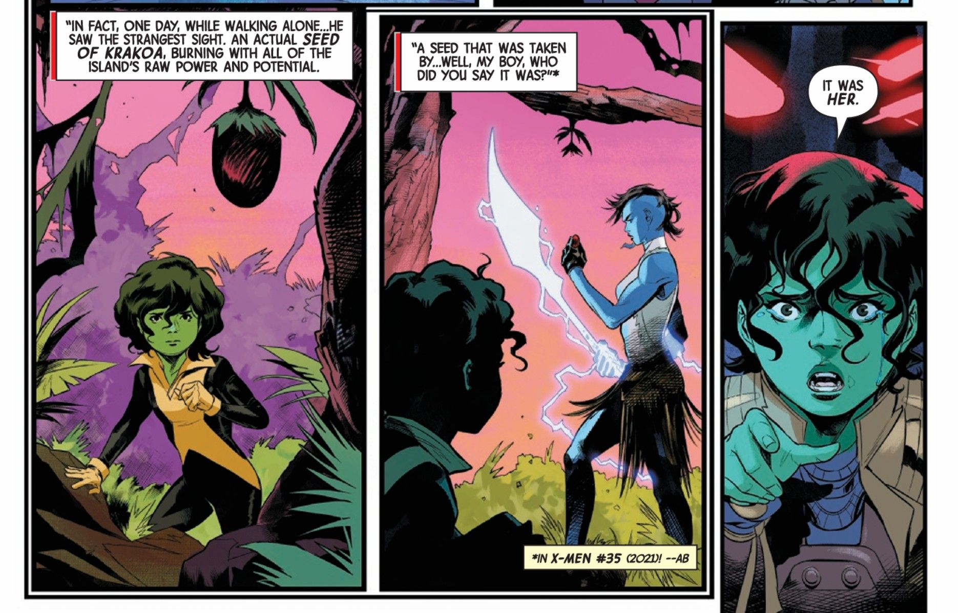 Mojo summarizes a scene from X-Men (2021) #35 in NYX (2024) #9