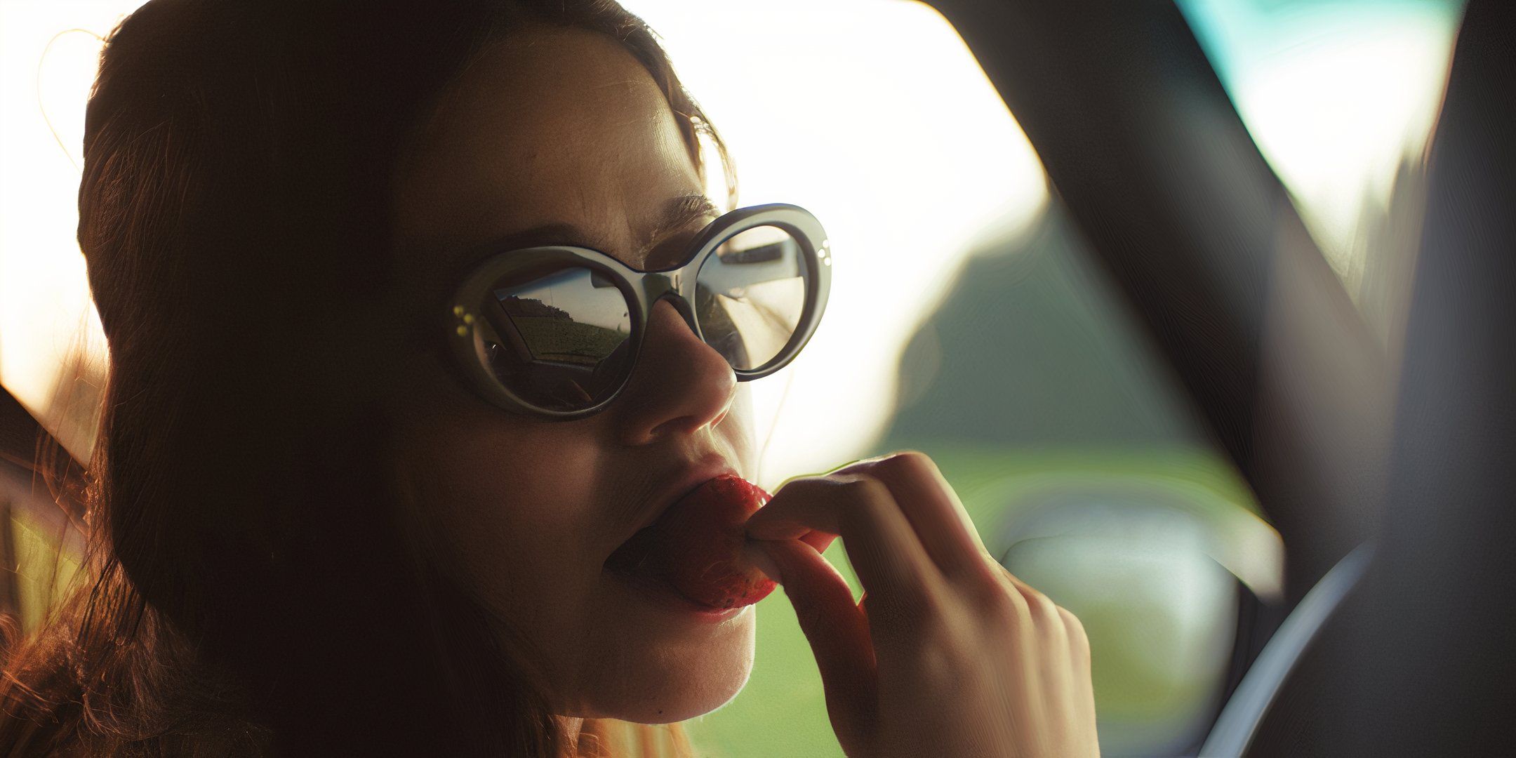 Molly Gordon as Iris chewing on a strawberry in Oh, Hi!
