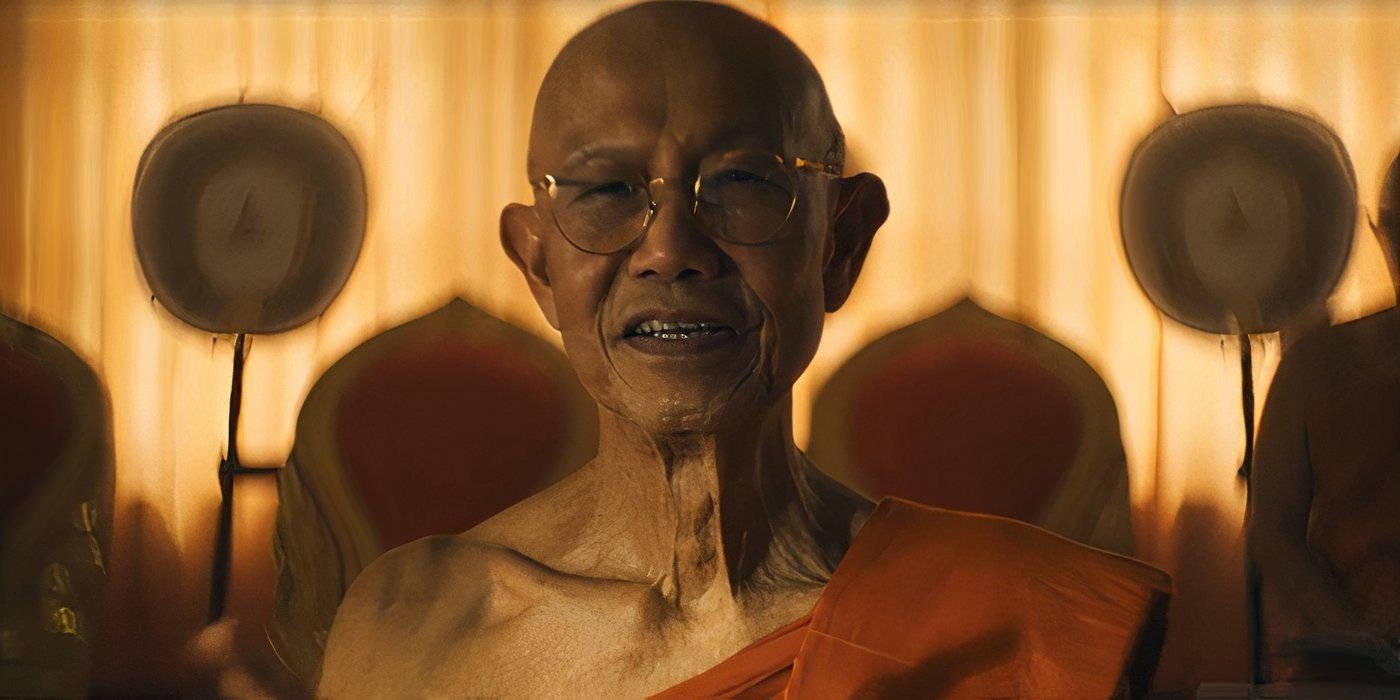 A monk talking to Timothy in The White Lotus season 3 (2025)