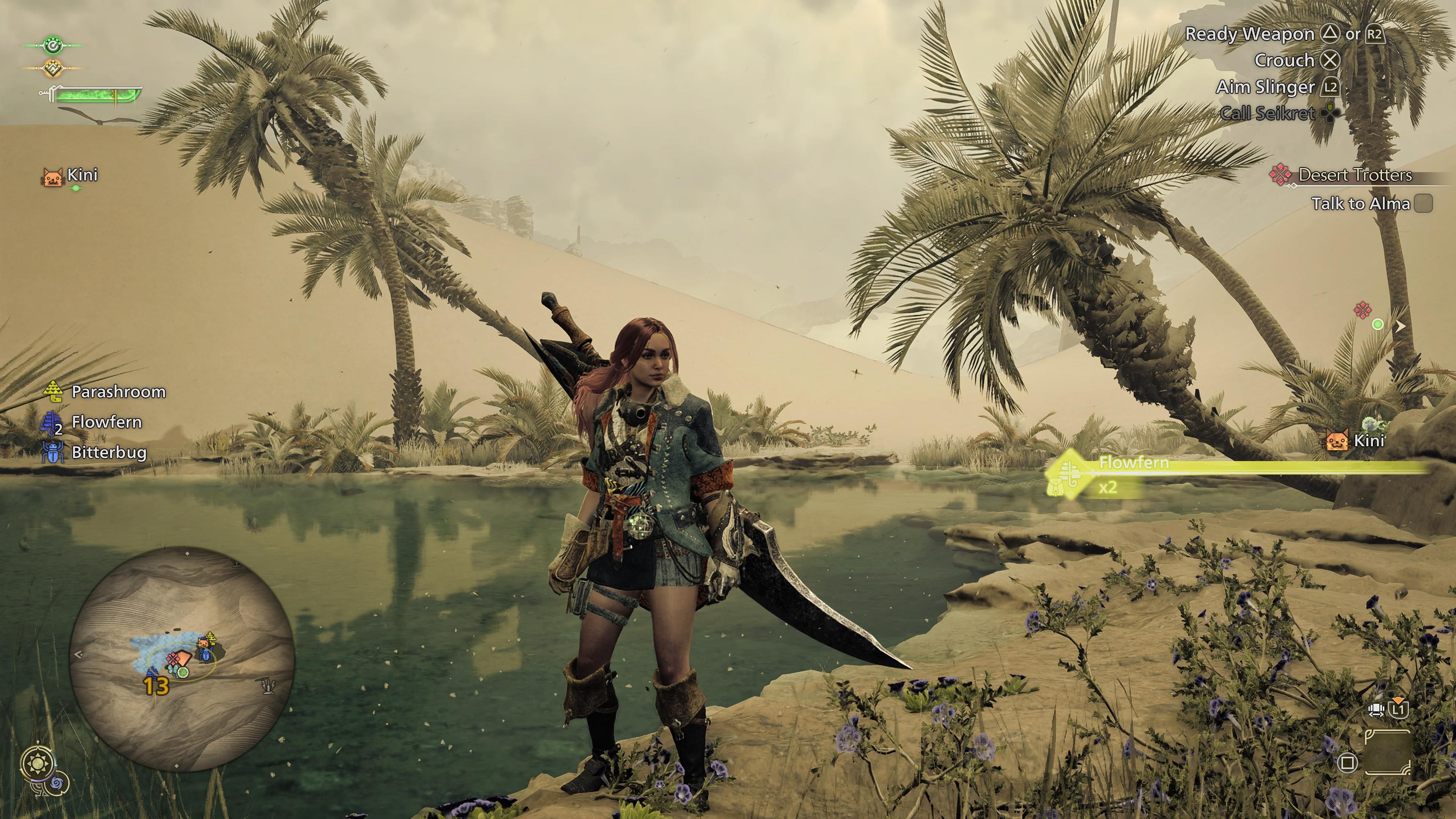 Monster hunter character standing in front of an oasis with palm trees and a lake