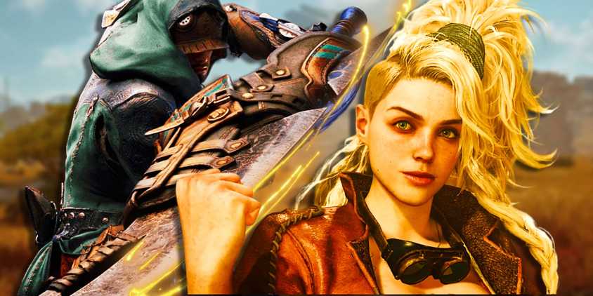 Gemma from Monster Hunter Wilds with her fist up next to the Hunter with a Great Sword.