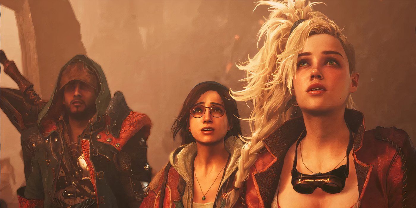 The player, Gemma and Alma looking up and scared in Monster Hunter Wilds.