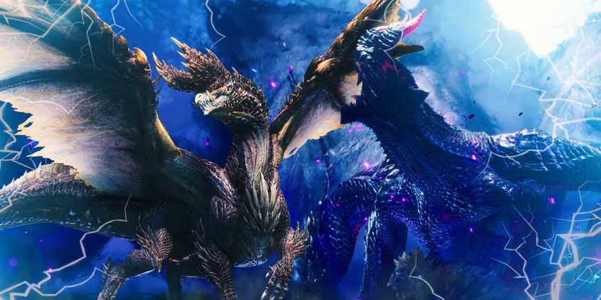 Monster Hunter Wilds' Gore Magala next to MH World's Alatreon.