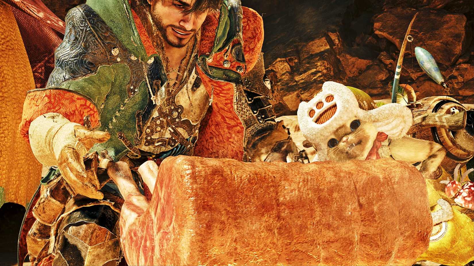 Monster Hunter Wilds Image of Palico and character cooking a meal
