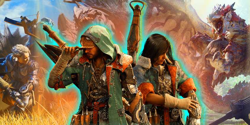 Monster Hunter Wilds protagonists next to key art