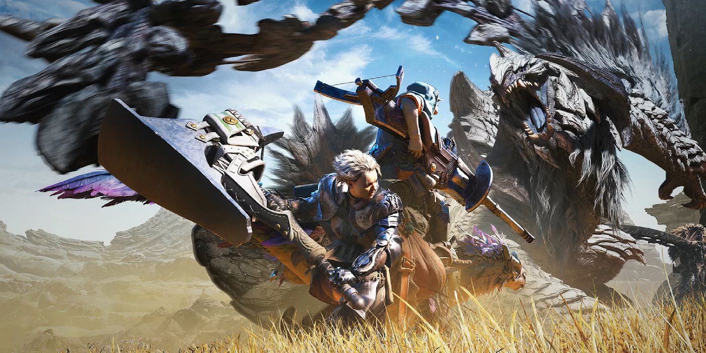 Monster Hunter Wilds Official Art Featuring Hunters Engaged in Combat.