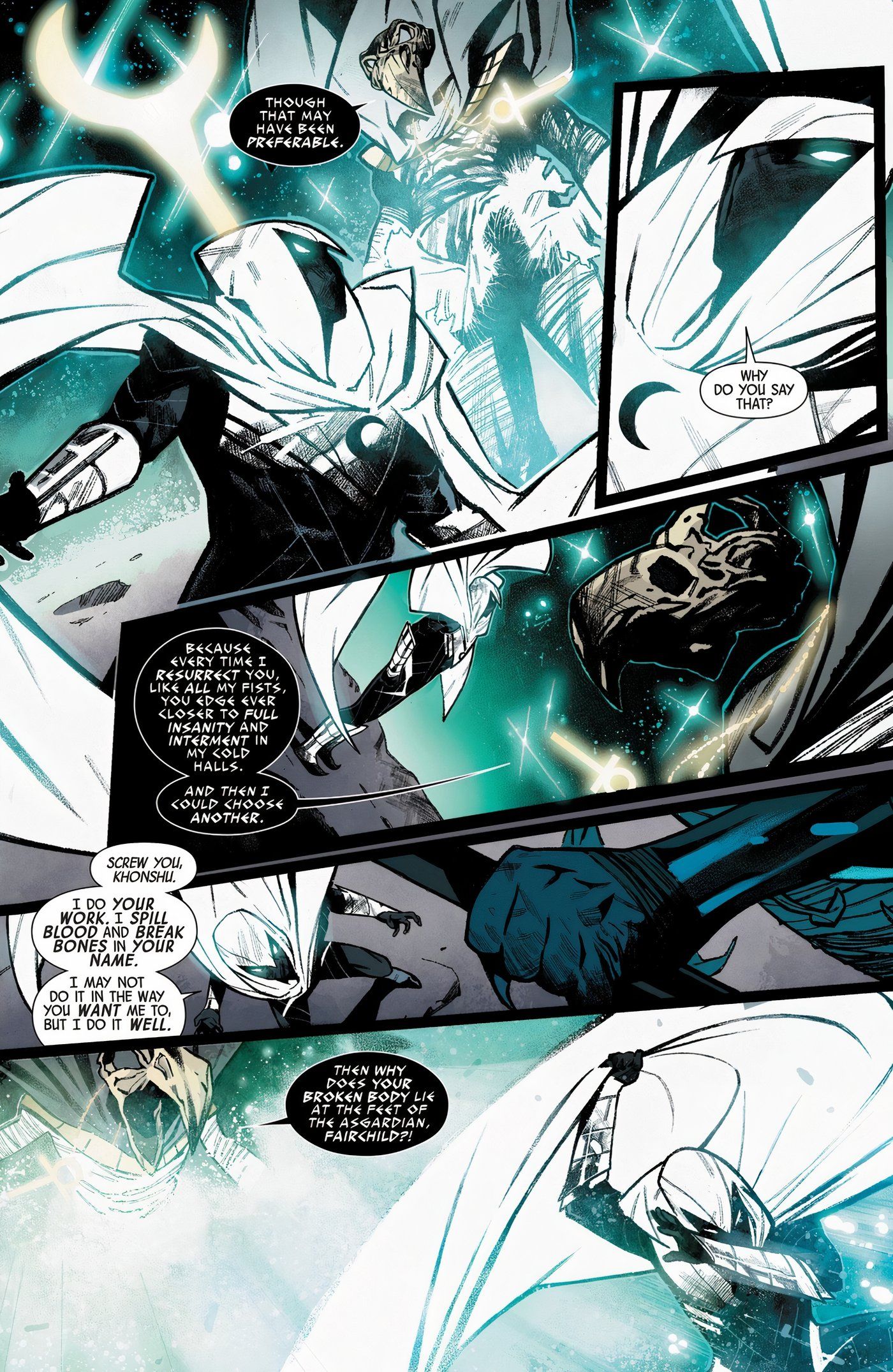 Five panels of Khonshu and Moon Knight talking