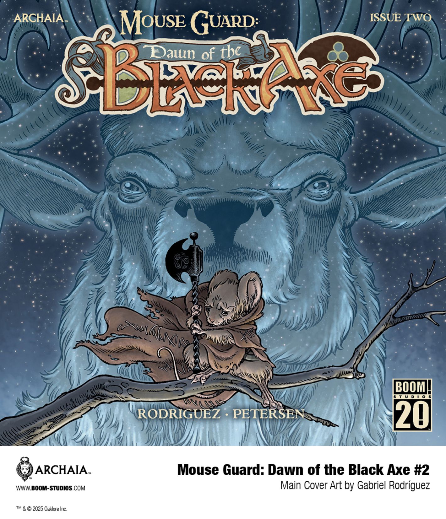 Mouse Guard: Dawn of the Black Axe #2 variant cover, a cloaked mouse holds the Axe against the backdrop of a spectral deer.
