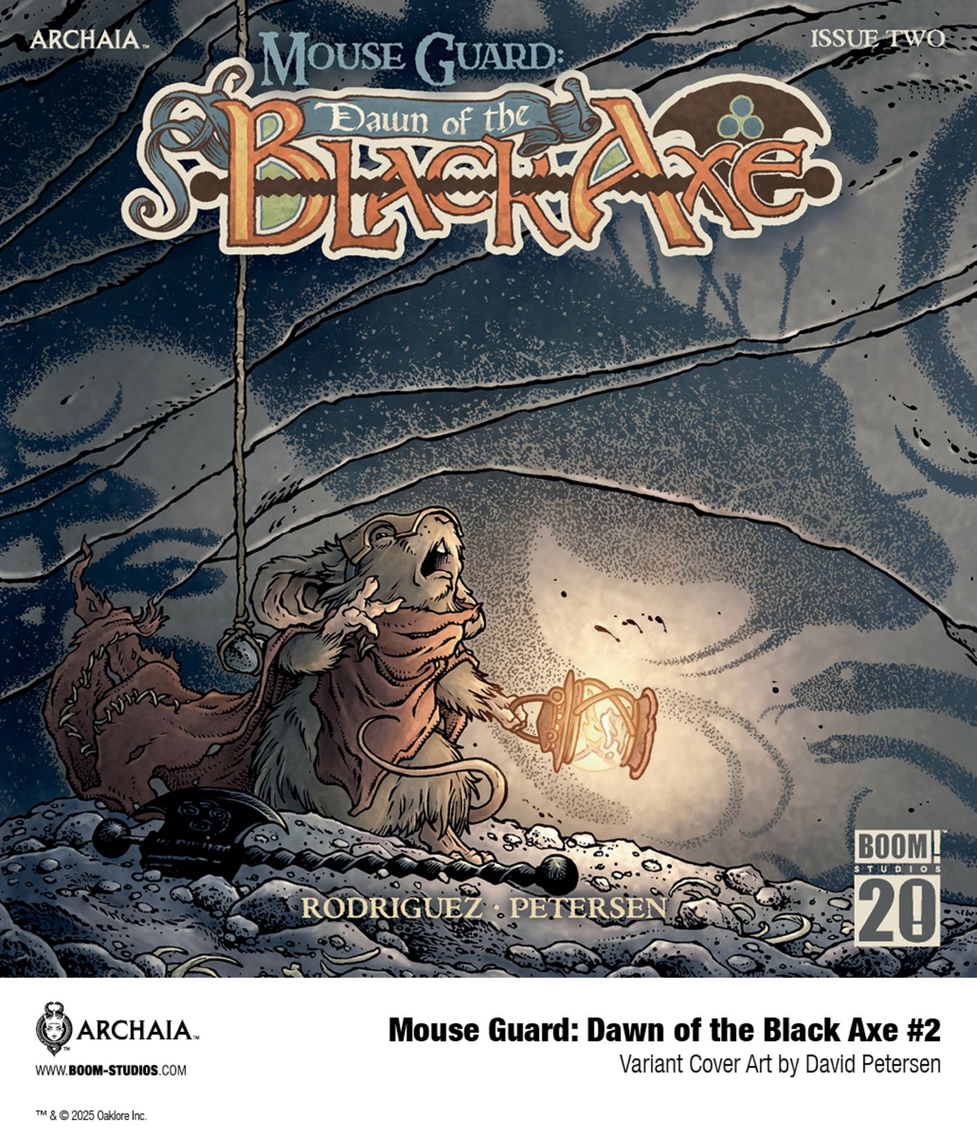 Mouse Guard: Dawn of the Black Axe #2 variant cover, a mouse cowers at the shadow of a serpent.