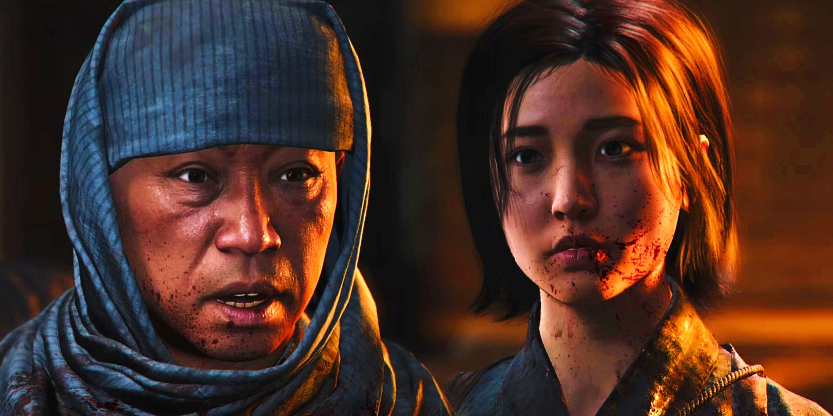 Naoe and Mitsumune confronting each other in Assassin&rsquo;s Creed Shadows.