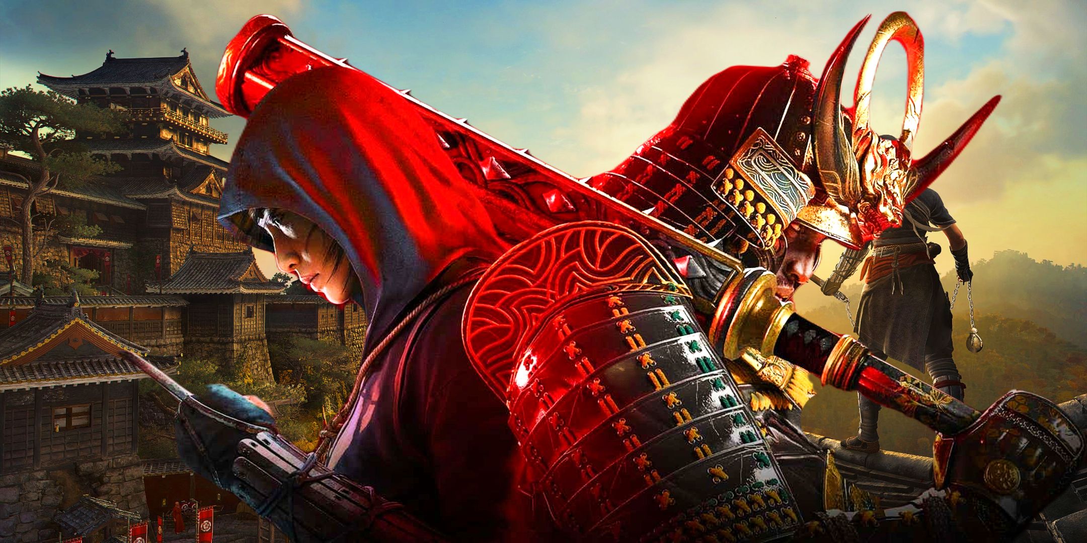 Naoe and Yasuke from Assassin&rsquo;s Creed Shadows, in front of an image of Naoe scouting an outpost at dawn.