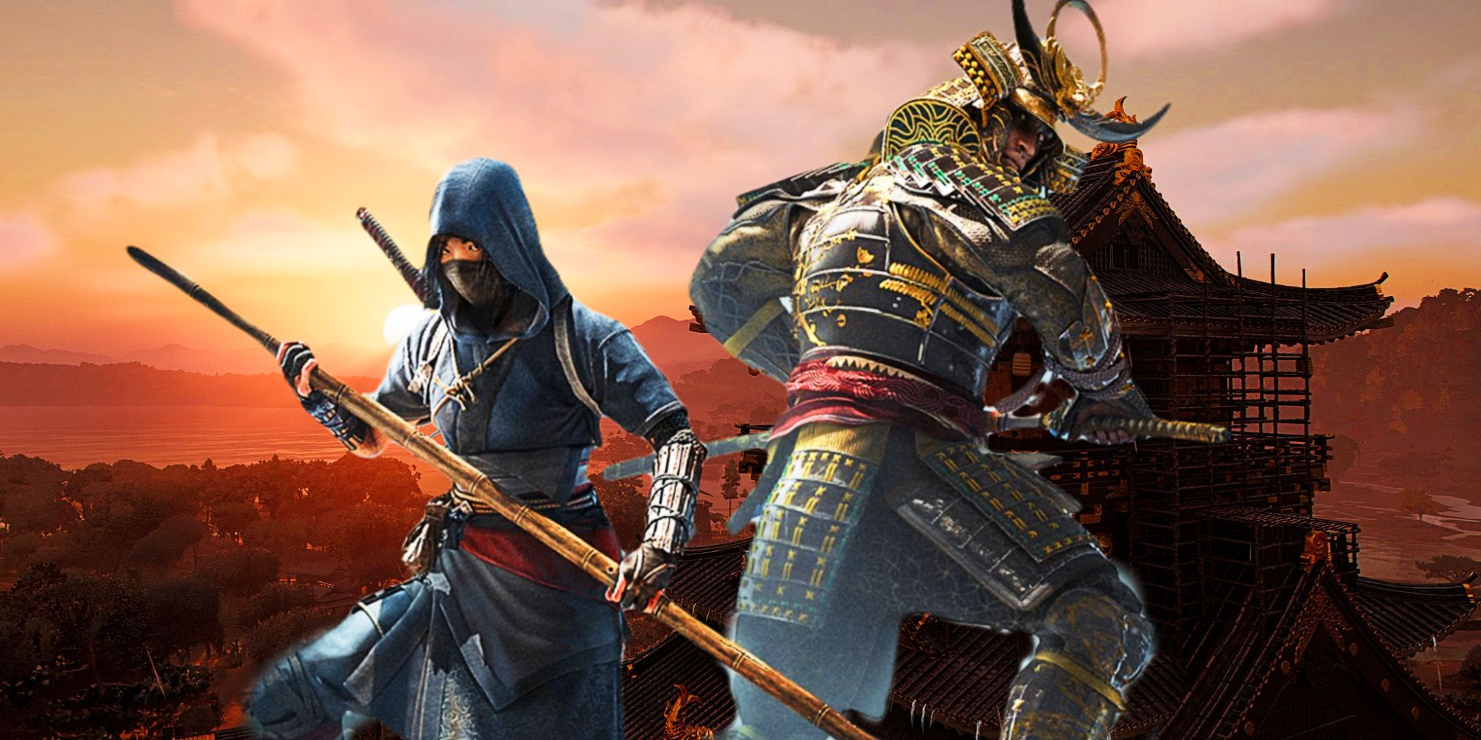 Naoe and Yasuke posing with their weapons in front of a castle at sunset in Assassin&rsquo;s Creed Shadows.
