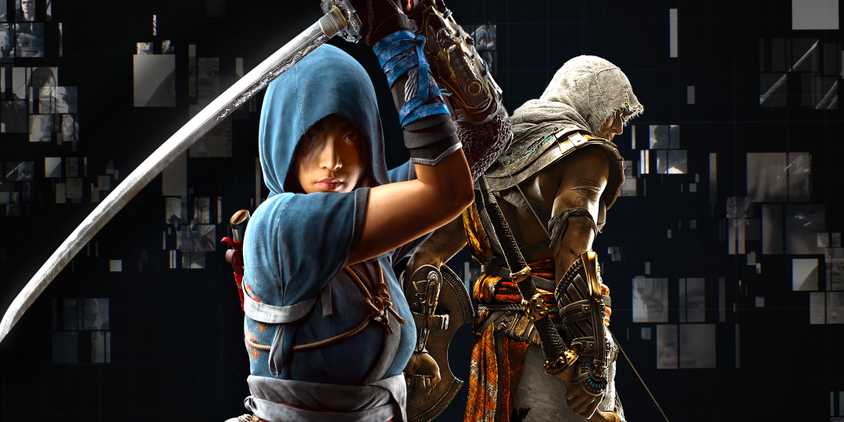 Naoe and Bayek in front of an image from the Assassin's Creed Animus Hub