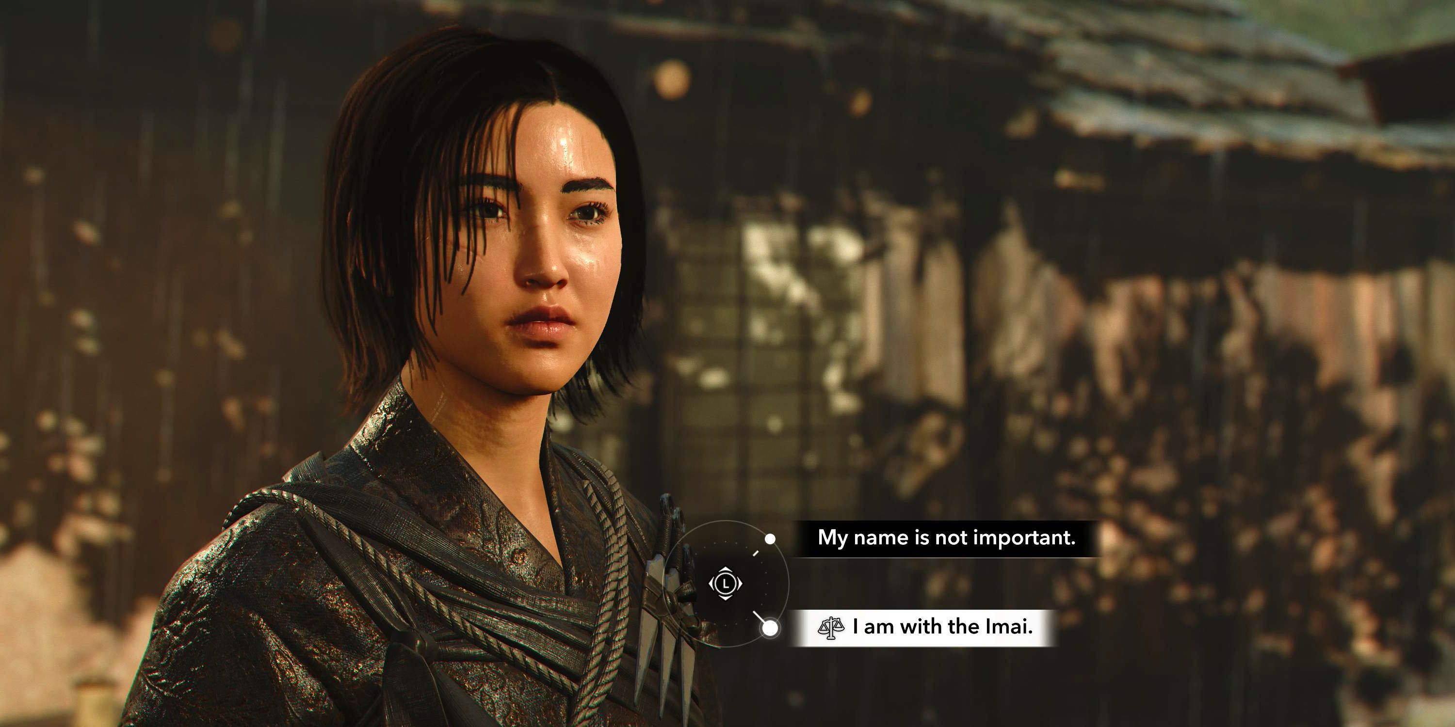 Naoe choosing whether to lie to the gunsmith in Assassin&rsquo;s Creed Shadows.