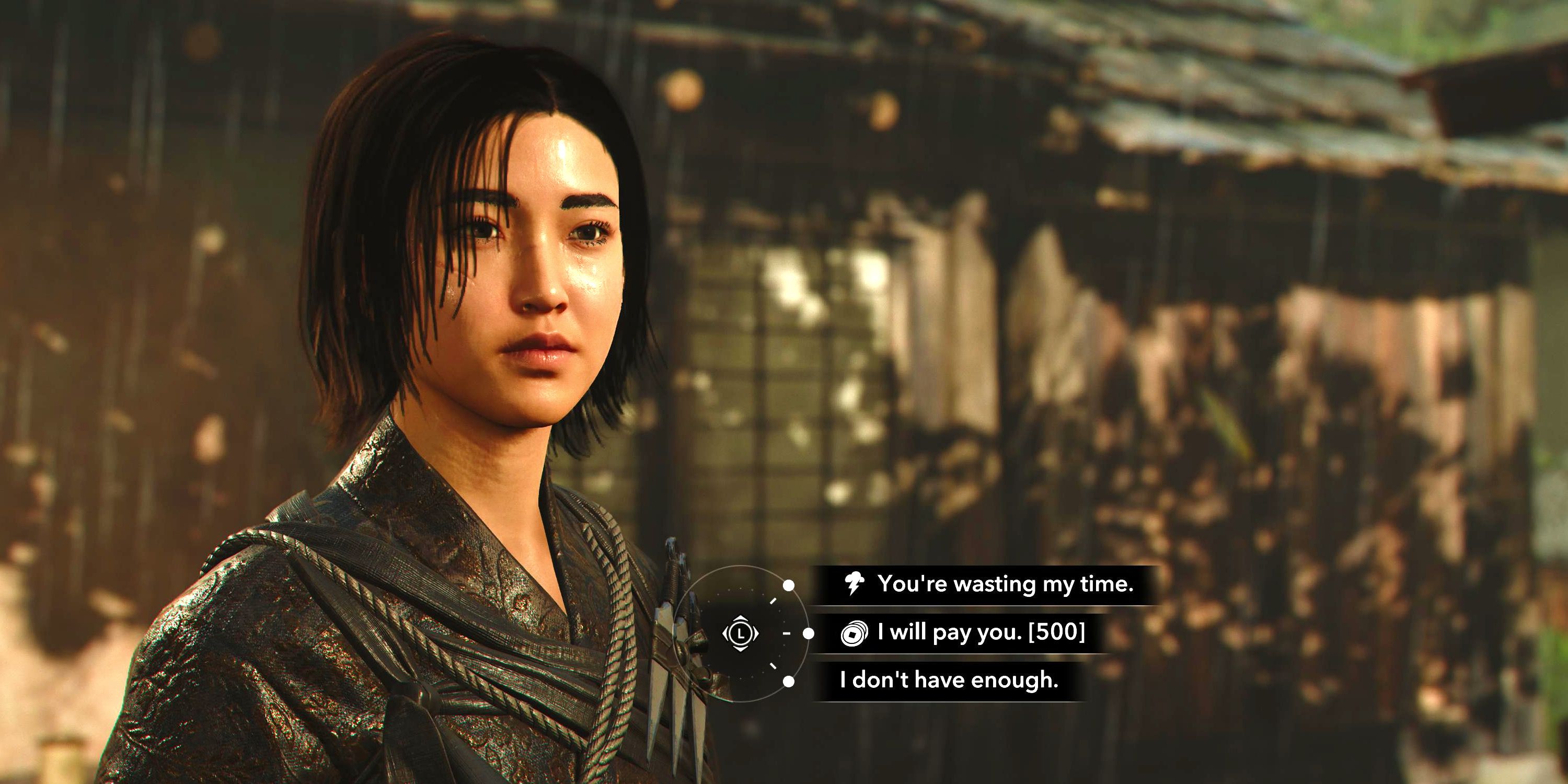 Naoe choosing whether to threaten or bribe the gunsmith in Assassin&rsquo;s Creed Shadows.
