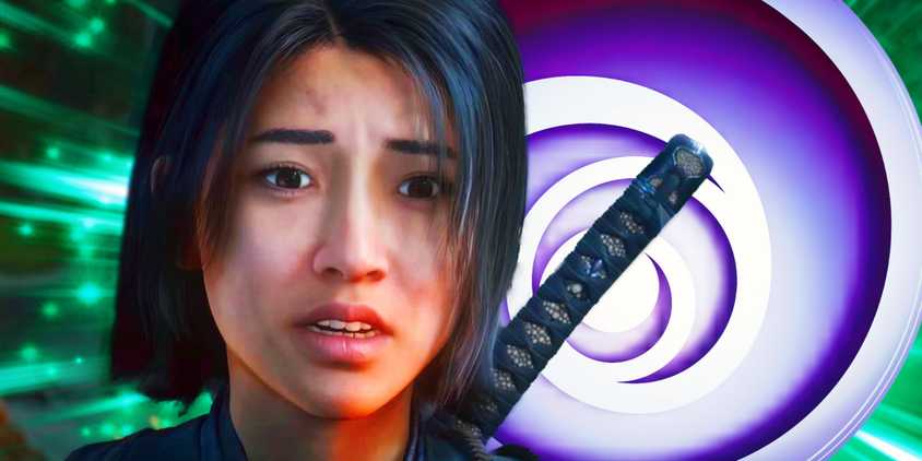 Naoe from Assasin's Creed Shadows with a shocked expression as she stands in front of the ubisoft logo.