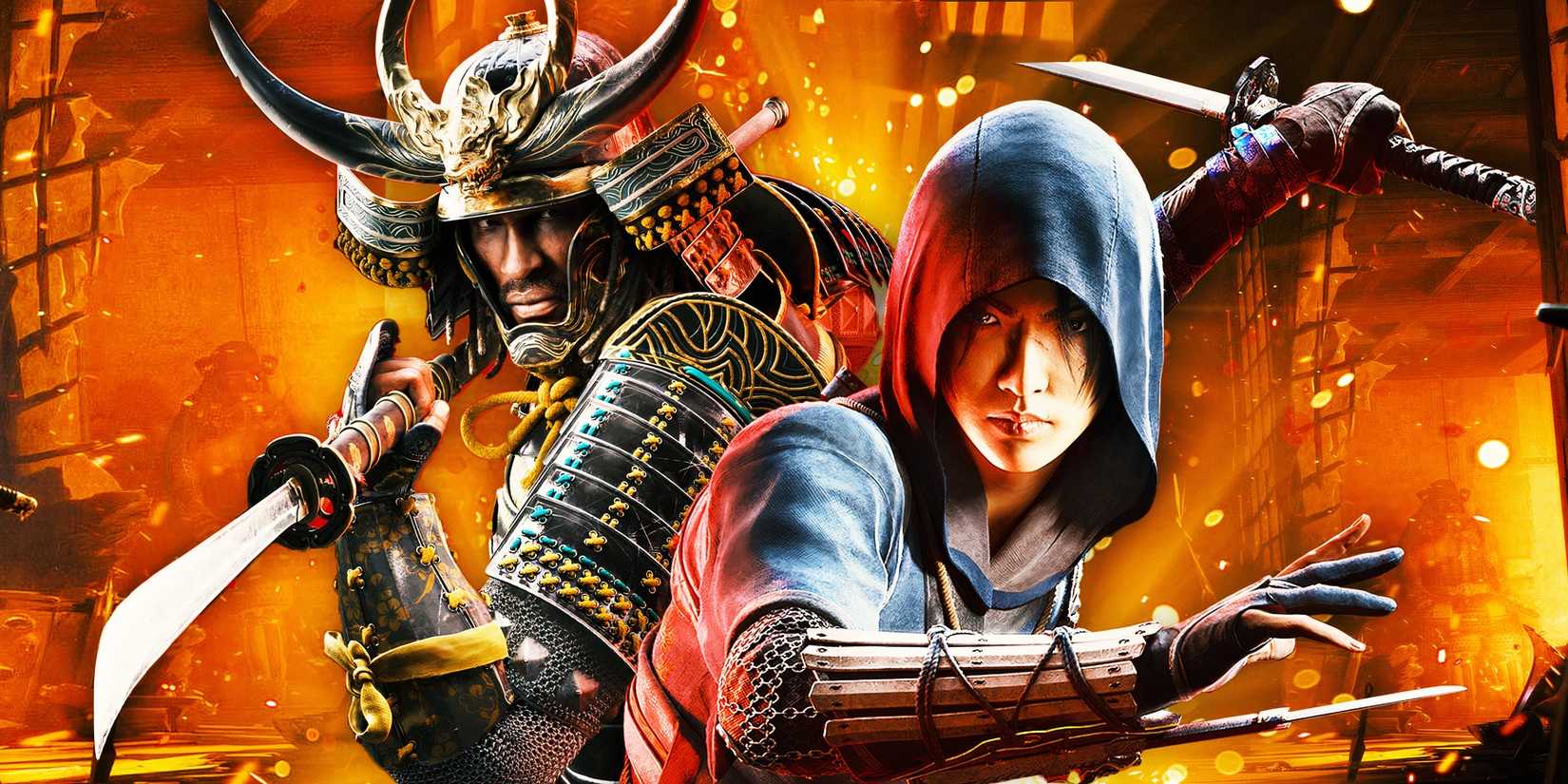 Naoe and yasuke from Assasin's Creed Shadows with weapons