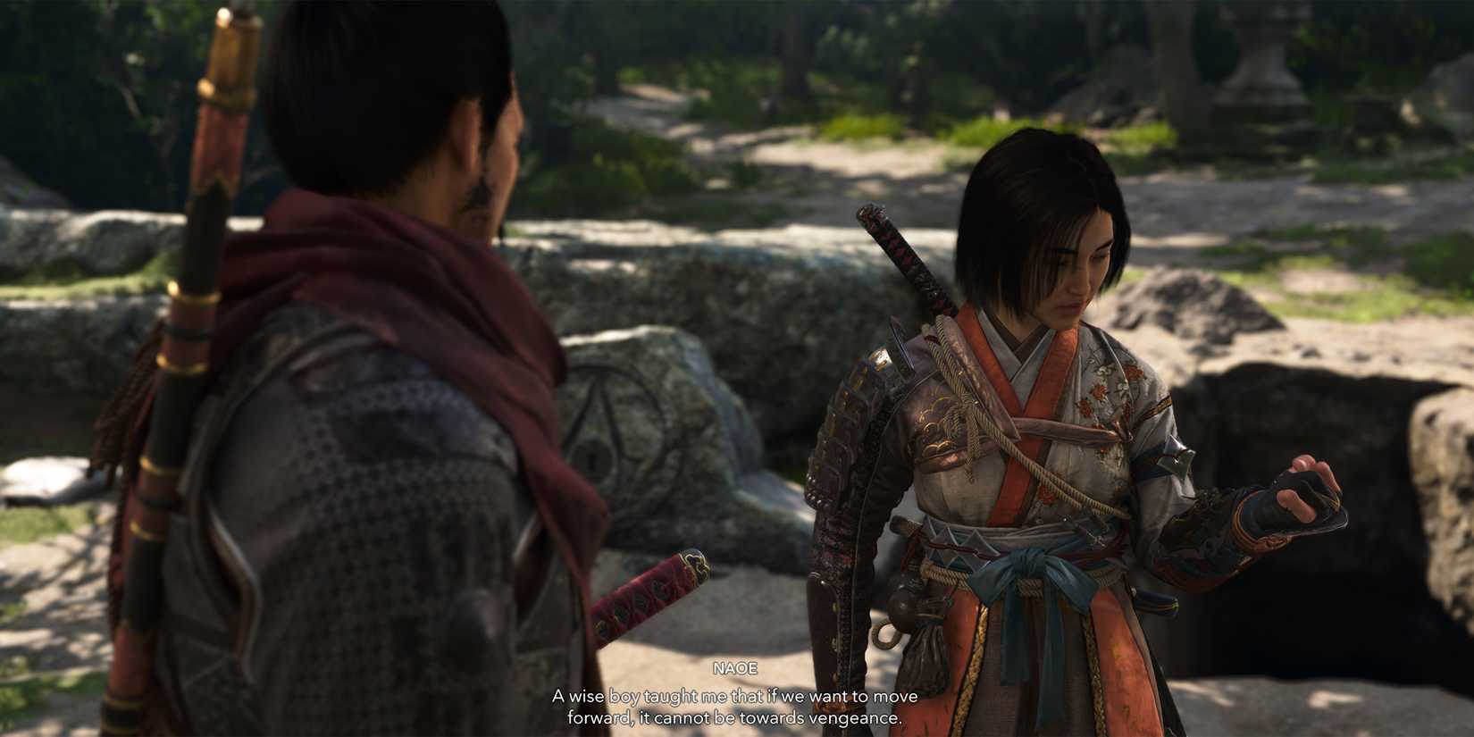 Naoe talking to Hattori Hanzo about abandoning vengeance in AC Shadows