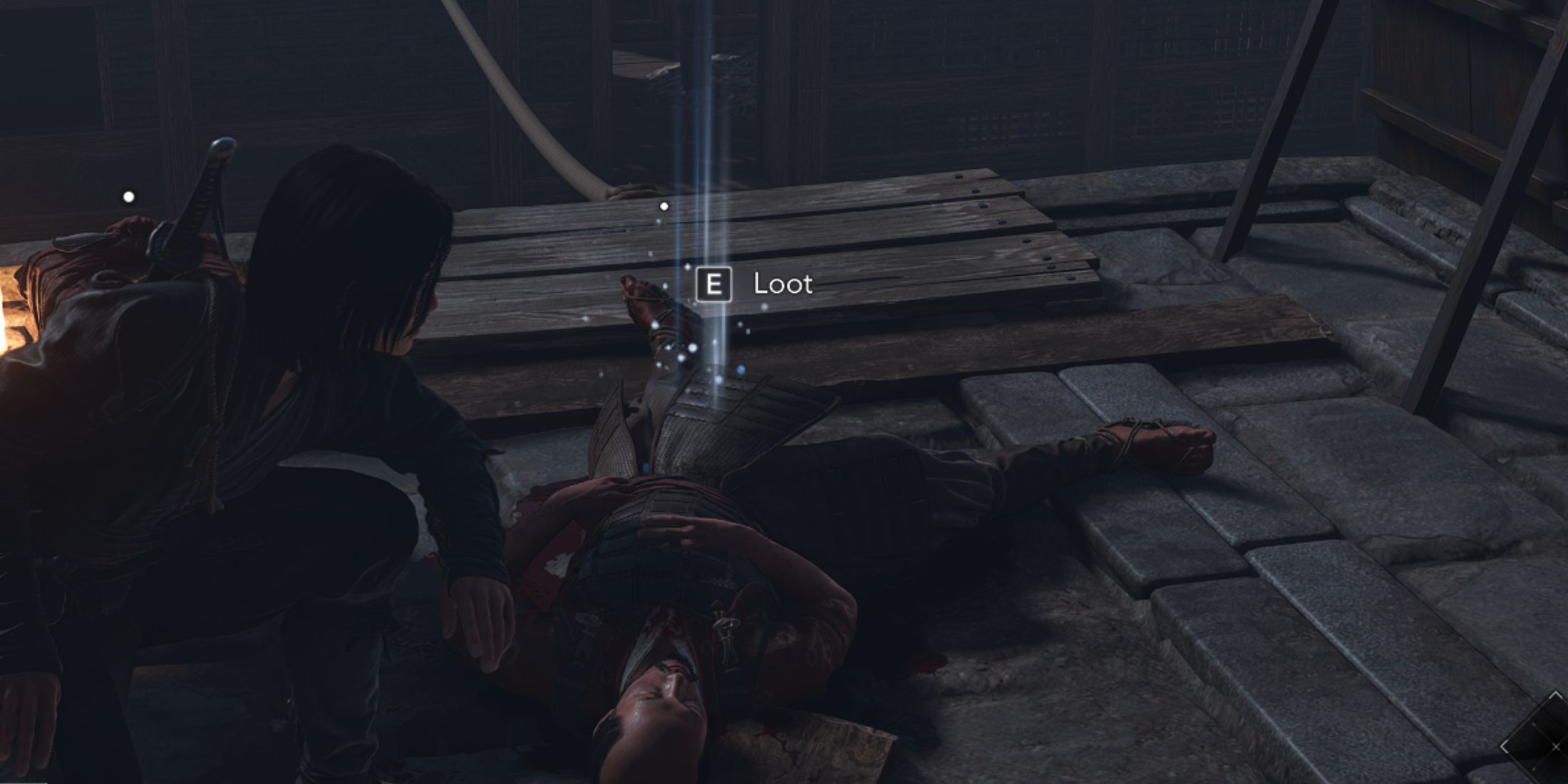 Naoe is taking gold from a dead body in AC Shadows.