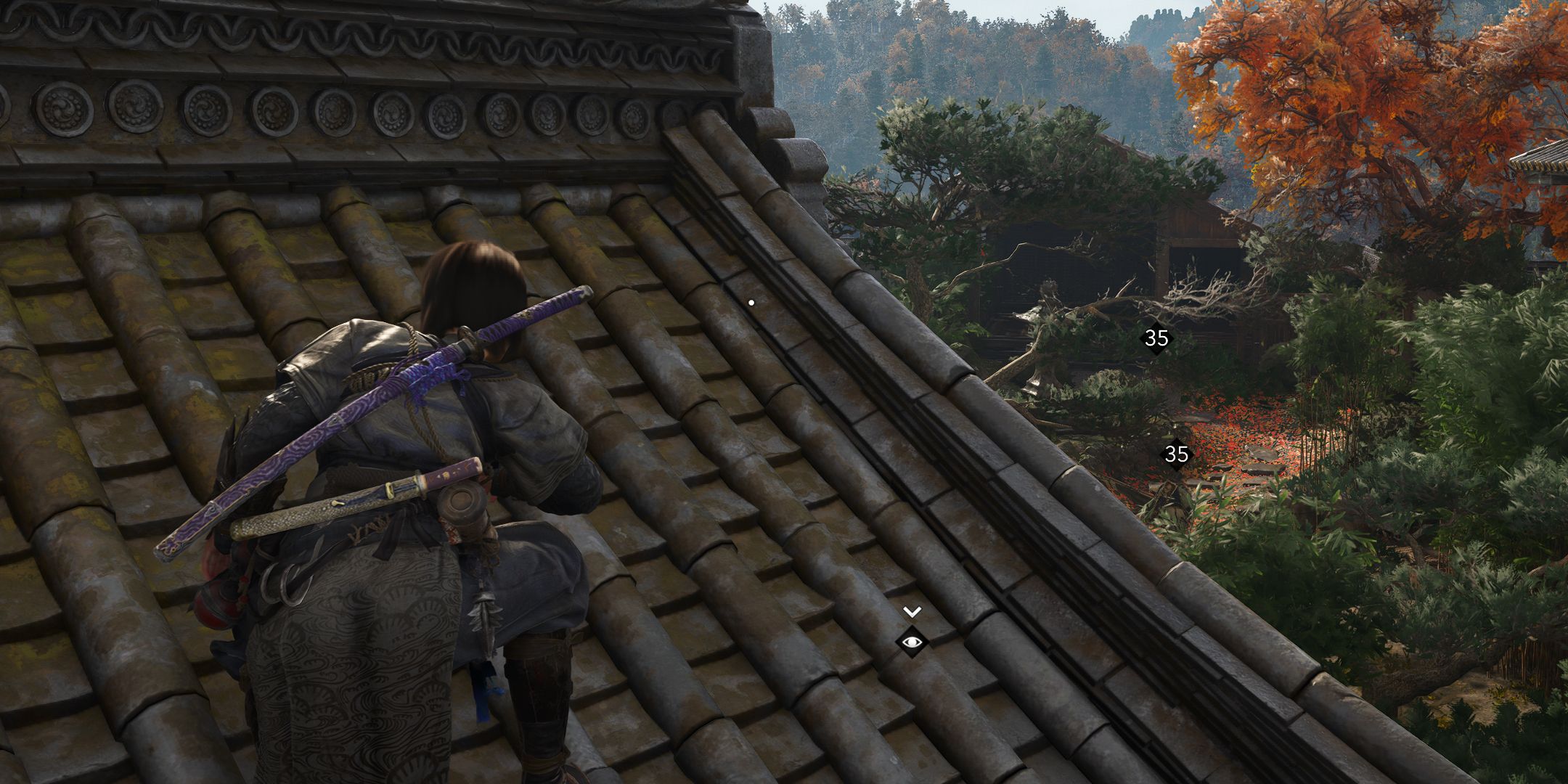 Naoe crouching on a rooftop in AC Shadows