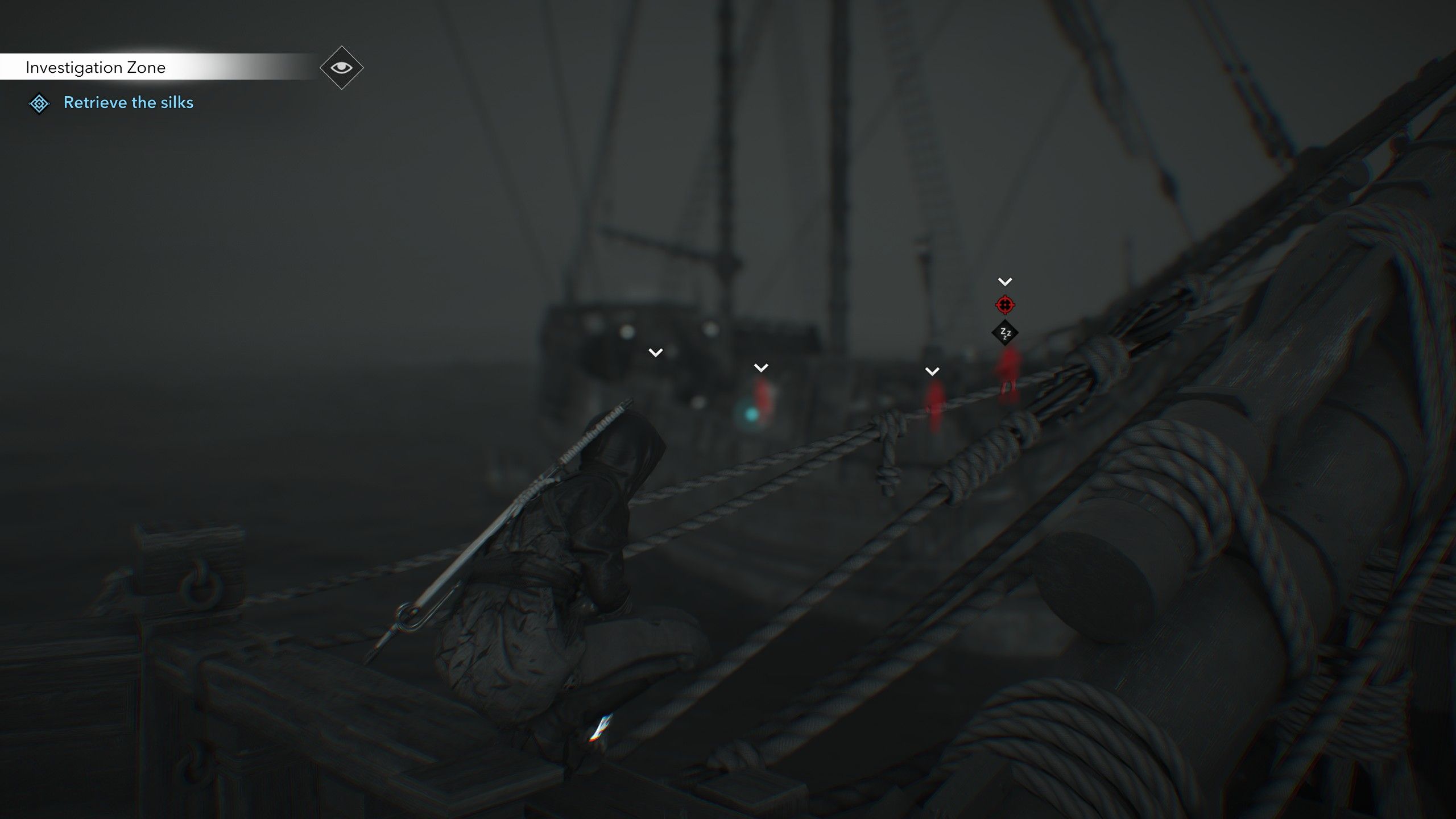 Naoe scans a boat of targets with her Eagle Vision in Assassins Creed Shadows