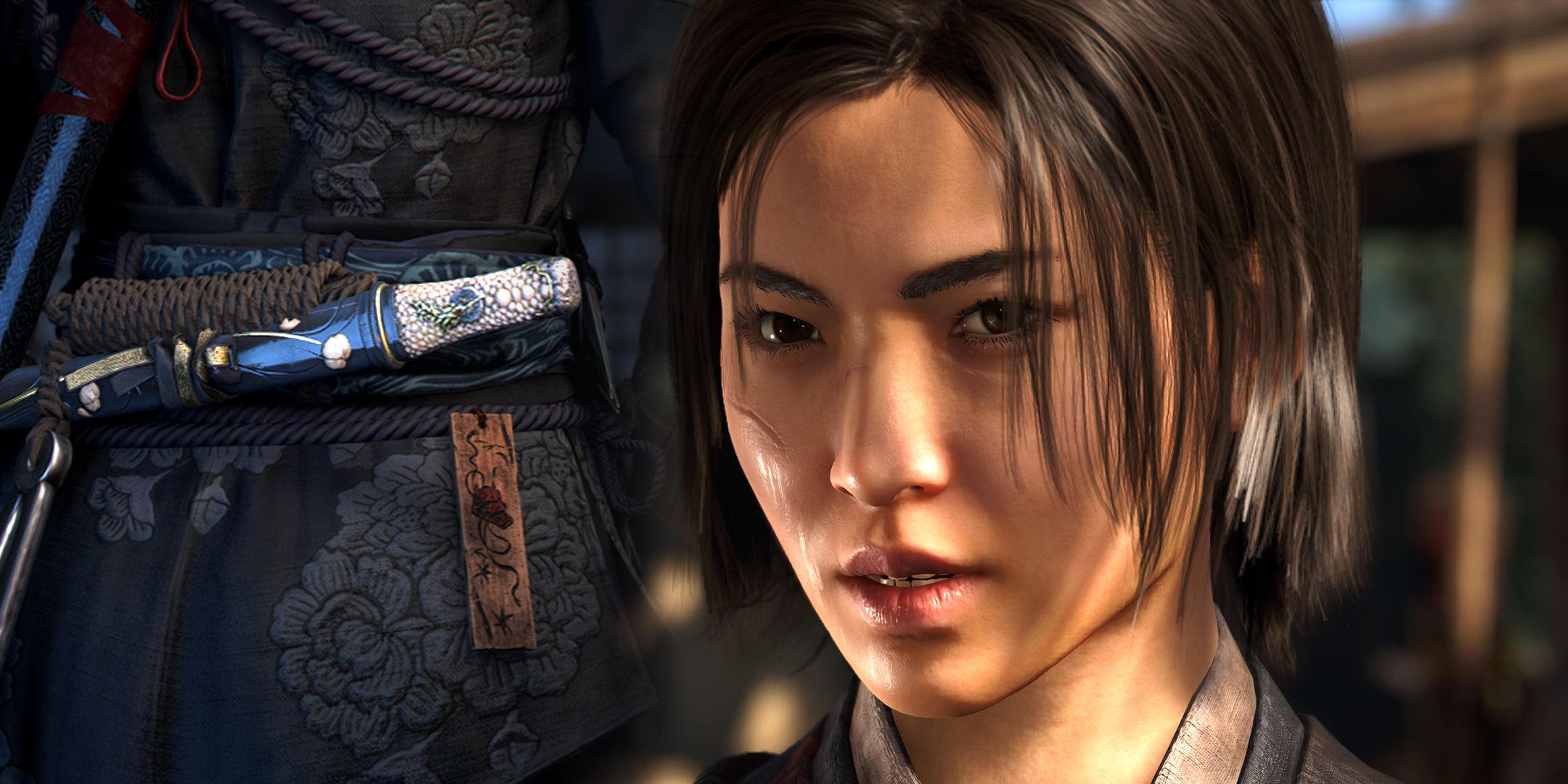 Naoe next to a trinket in AC Shadows