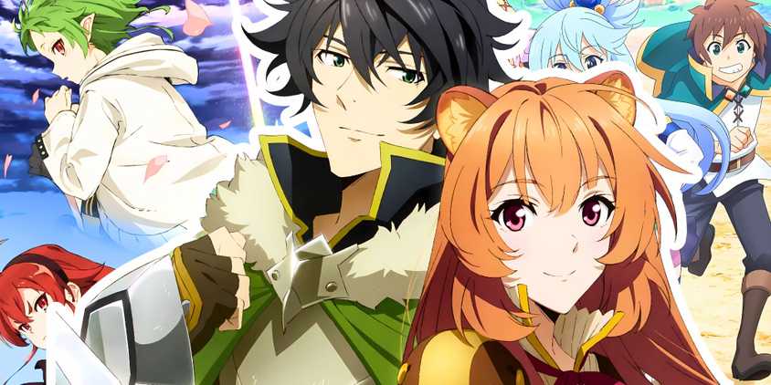 Naofumi and Raphtalia smiling with the posters of Konosuba and Mushoku Tensei as backgrounds