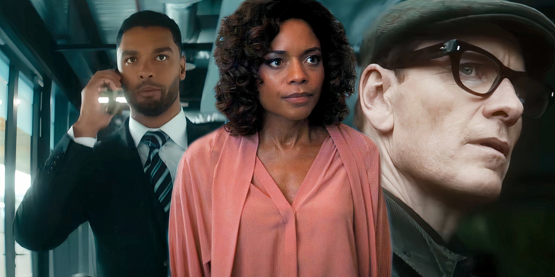 Naomie Harris as Moneypenny in No Time to Die and Michael Fassbender and Rege Jean Page in Black Bag