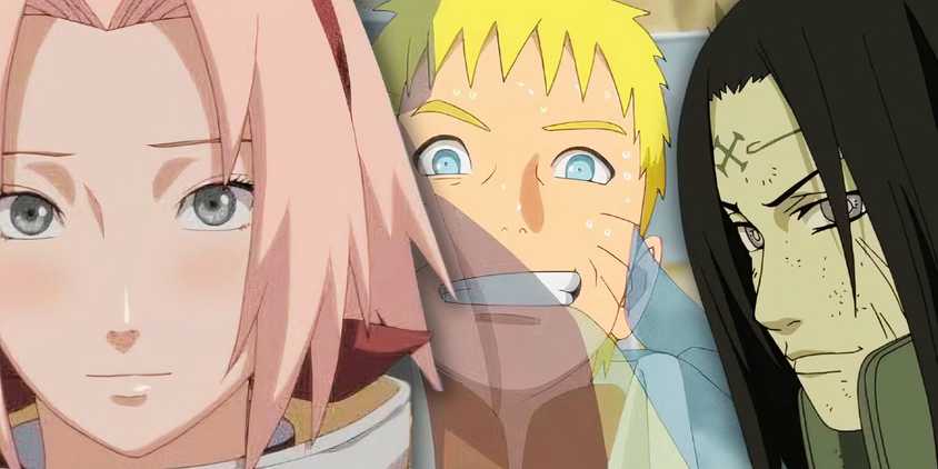 Naruto looking nervous with Neji and Sakura next to him.