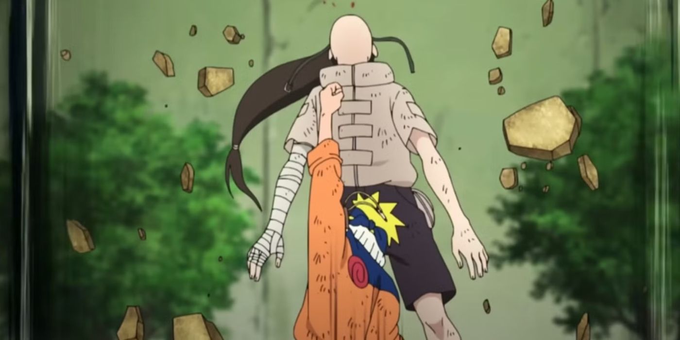 Naruto punches Neji during their Chunin Exams battle.