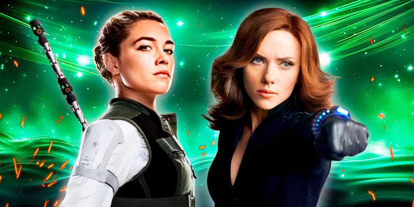 Natasha's and Yelena's Black Widow in font of a green background