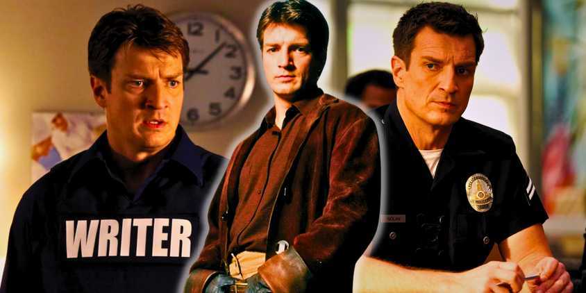 A collage of Nathan Fillion in Castle, Firefly, and The Rookie